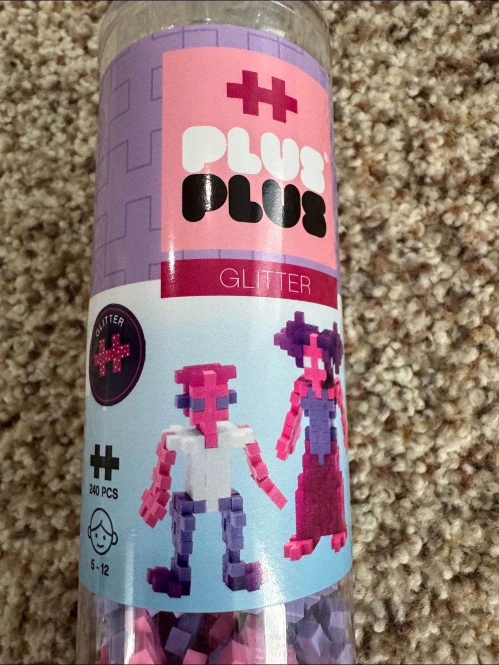 Plus Plus Glitter Build Tube with Pink, Purple, White blocks